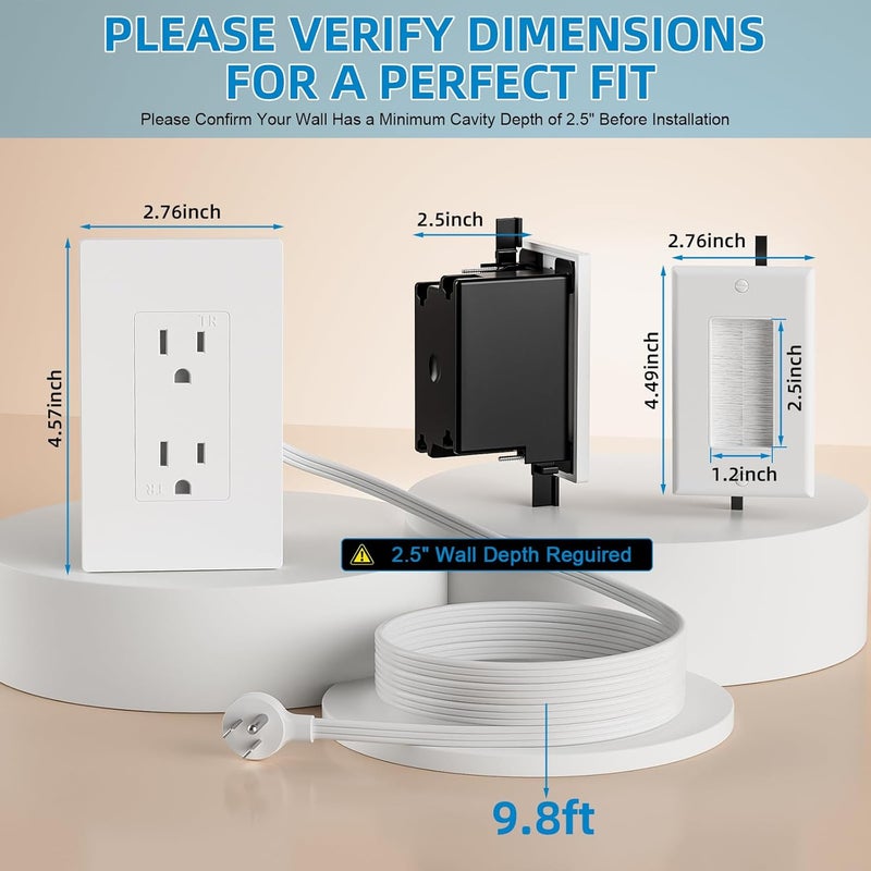 Celendor in Wall Cable Management Kit,Recessed Outlet Box for Wall Mount TV, Outlet Relocation Kit for Relocating Unreachable Electrical Outlets,2 AC Outlets,in Wall Extension Cord - Image 2